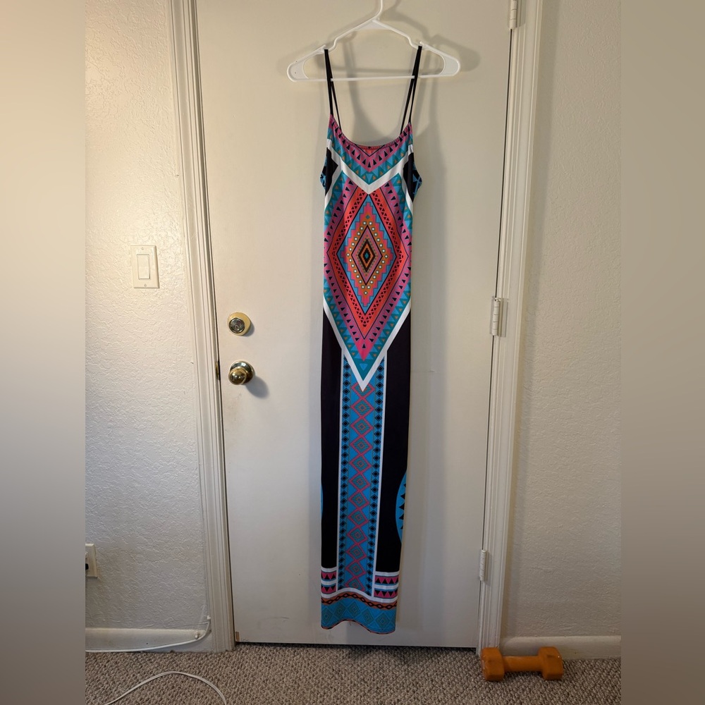 Spaghetti-Strap Maxi Dress in Pink and Blue Geometric Print - Picture 2 of 11